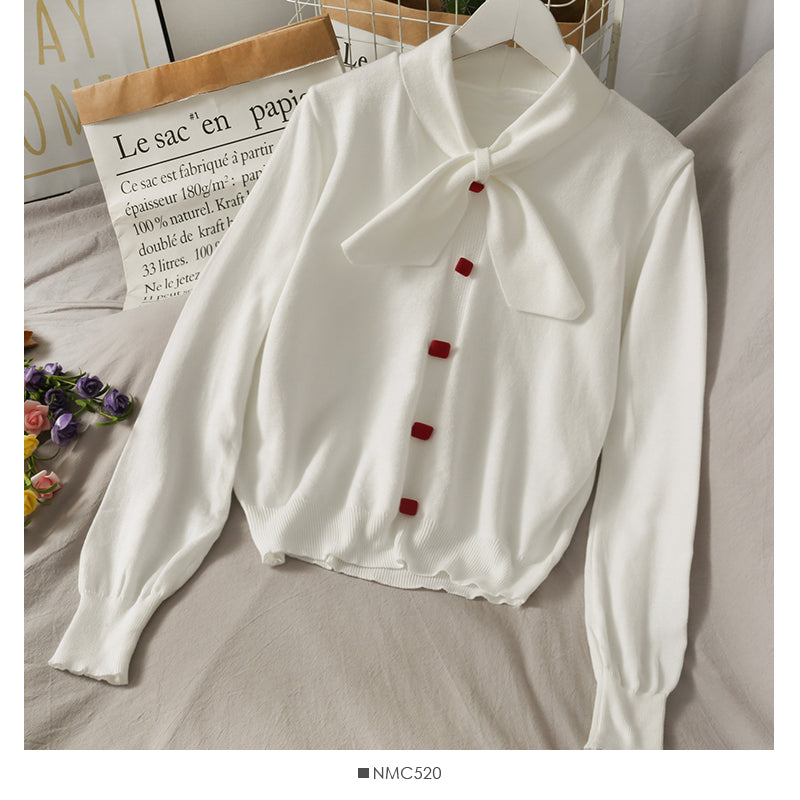 Sweet and versatile bow stand collar single breasted Pullover Sweater 2026