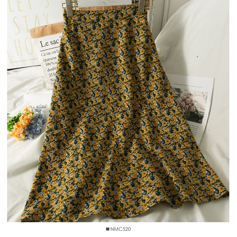 Hong Kong style retro floral medium length high waist A-line skirt 2533