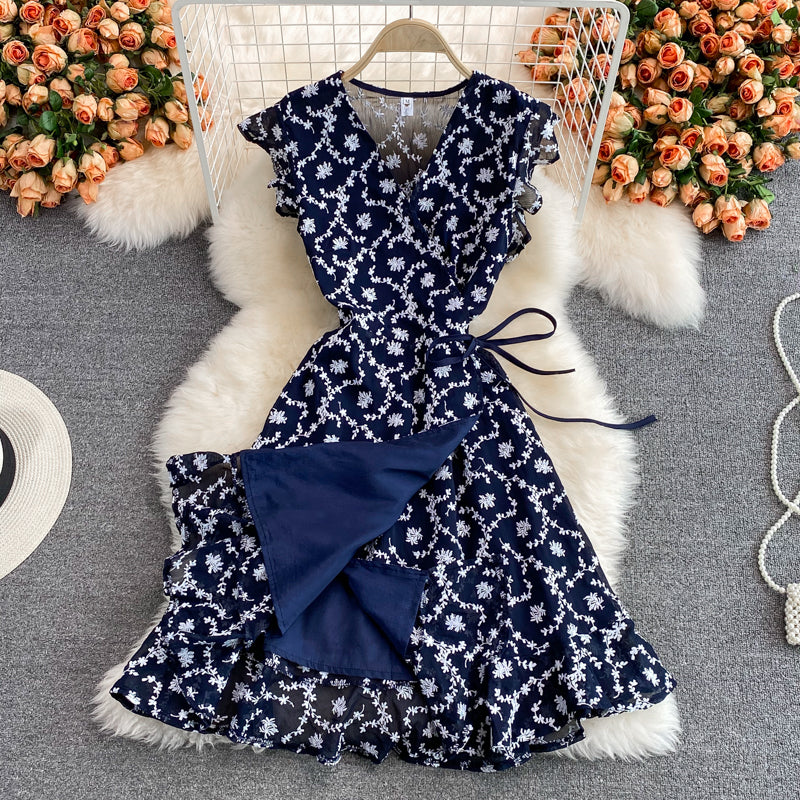 V-neck lace embroidered floral one piece dress 3217