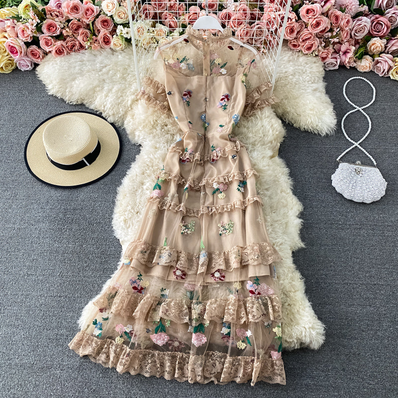 Mesh embroidery flower lace cake skirt dress 3178