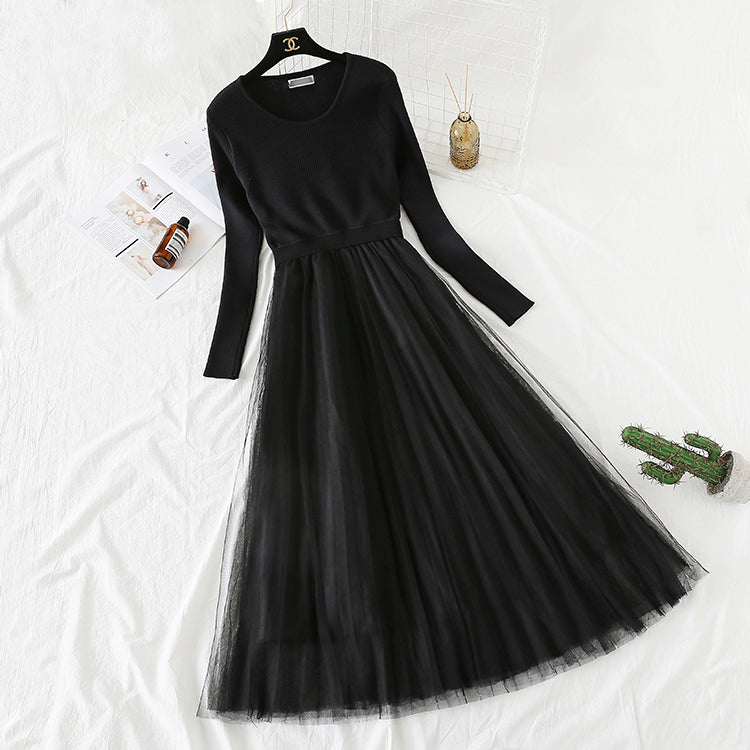French Vintage mesh stitching knee length sweater skirt 2360