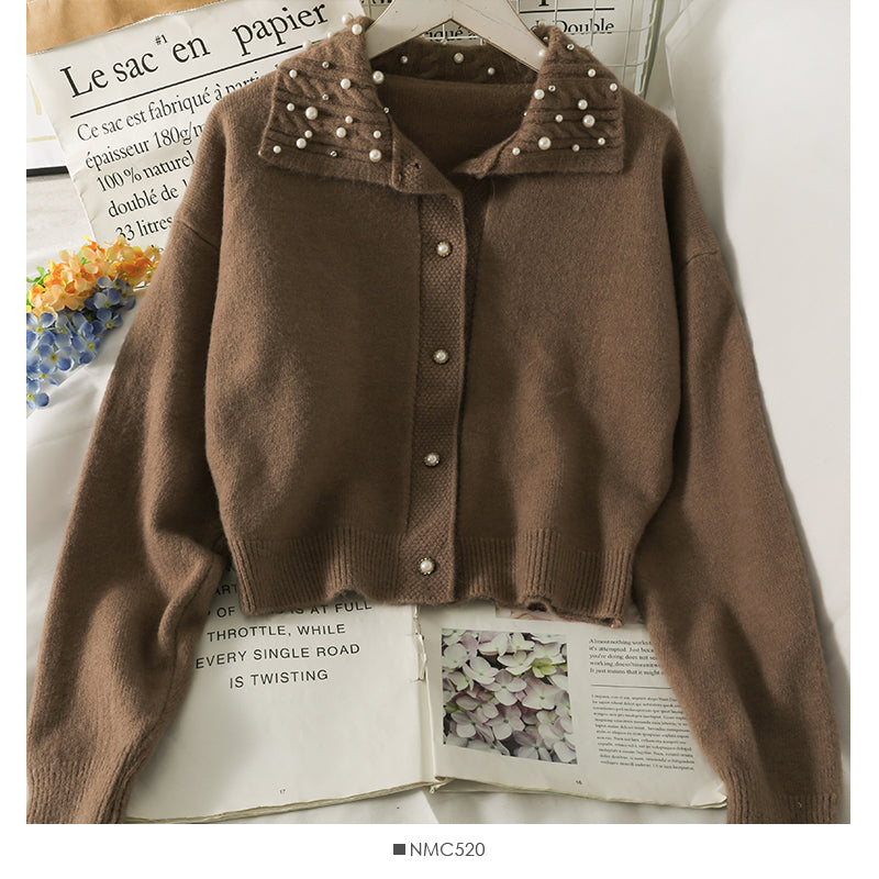 Beaded Lapel single breasted slim cardigan sweater 2034