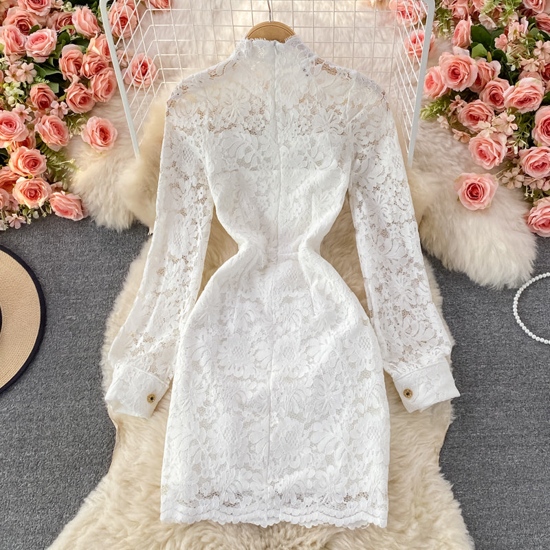 Light luxury medium length stand collar lace Hip Wrap Dress long sleeve 3236