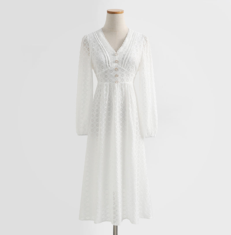 Dress long sleeved fairy lace skirt with thin waist, retro white first love skirt 2337