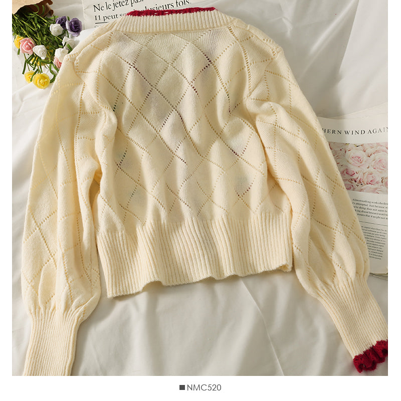 Cherry embroidered diamond check wavy edge sweater 1748