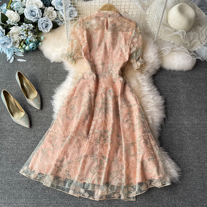 Temperament lace embroidered ear stand collar dress 3319