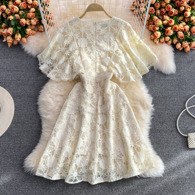 Hollow out embroidery hook flower waist closing slim lace dress 2987