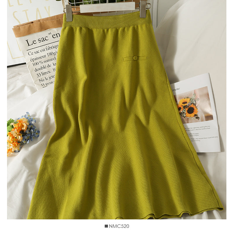 Hong Kong style retro elastic waist thin medium length skirt 2606