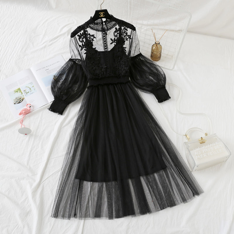 French retro skirt autumn mesh suspender skirt set 2132