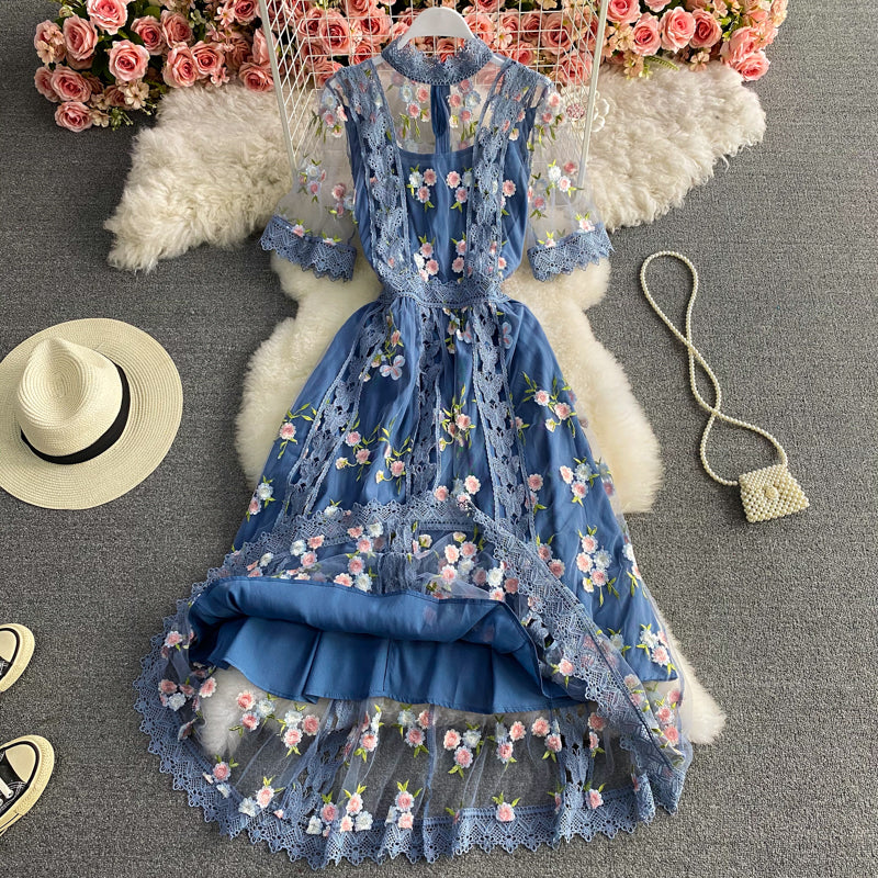 Temperament: schmale Taille mit Netzstickerei Kleid 2959