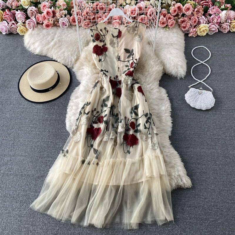 French Vintage mesh Rose Embroidered round neck dress 2942