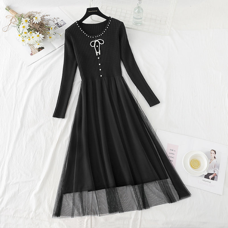 Slim waist with vintage mesh stitching, knee length sweater skirt 2406