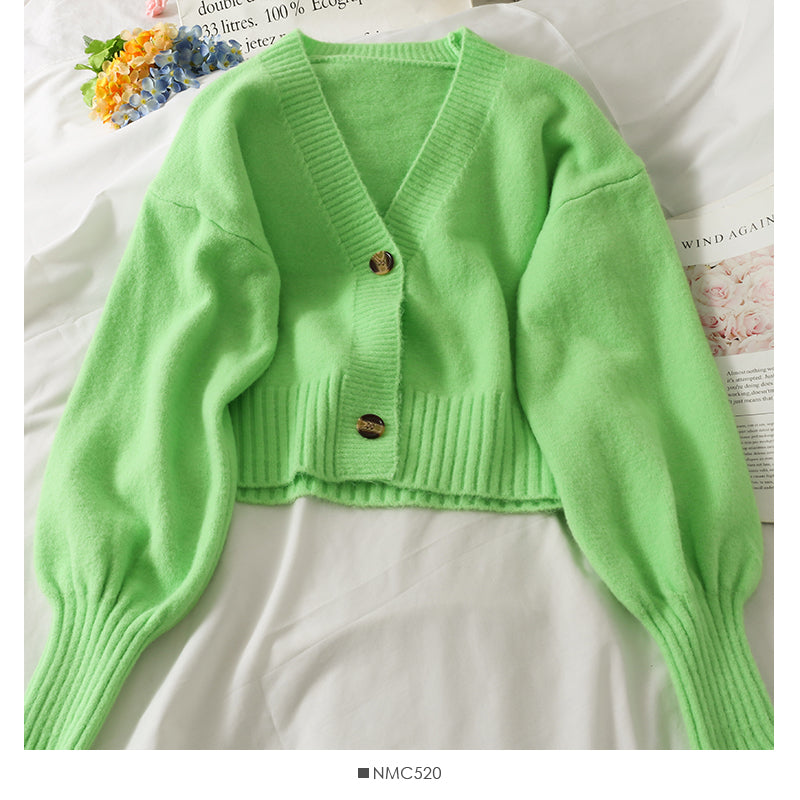 Sweater female small short two button long sleeve sweater 1880