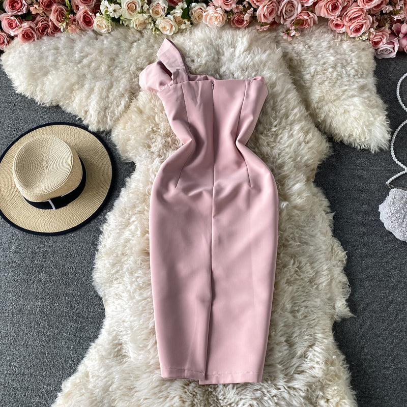 Diagonal shoulder bow dress wrap hip mid length skirt 3179