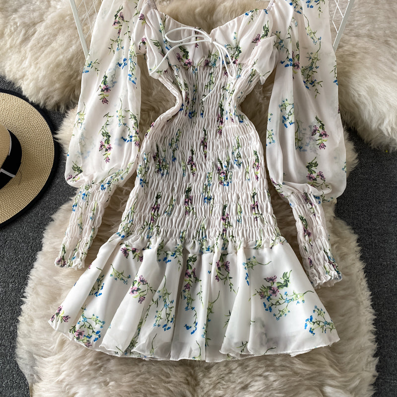 Slim Chiffon pleated floral Ruffle long sleeved dress for women 2727