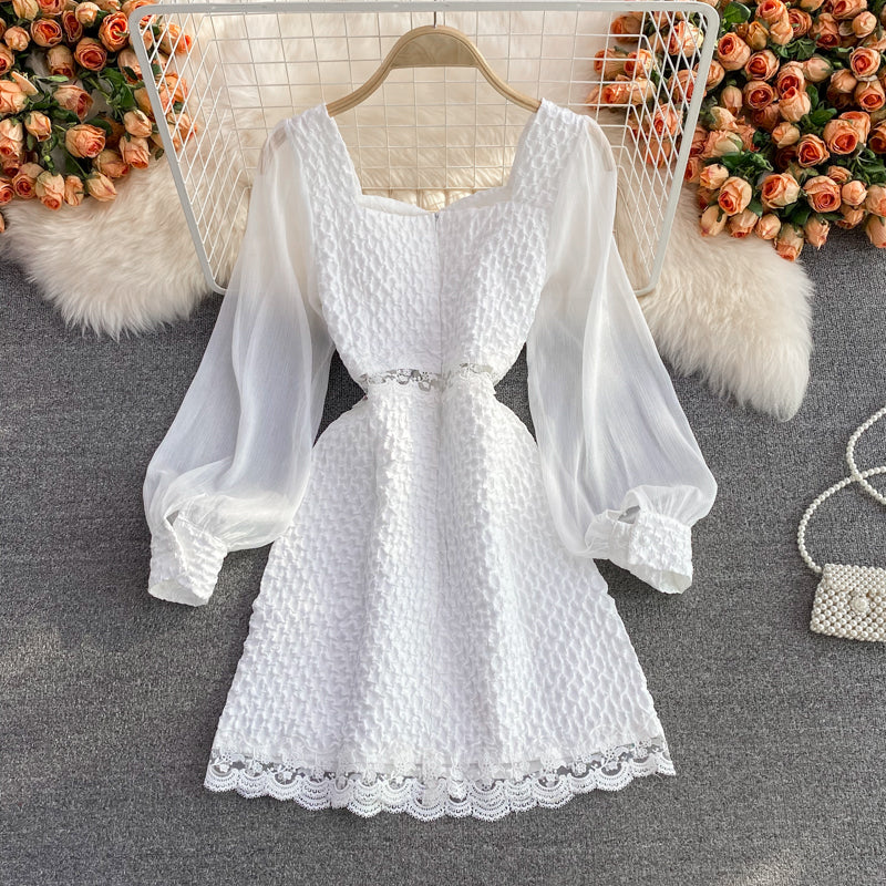 Long sleeve temperament waist closing lady square neck Jacquard Dress 3076