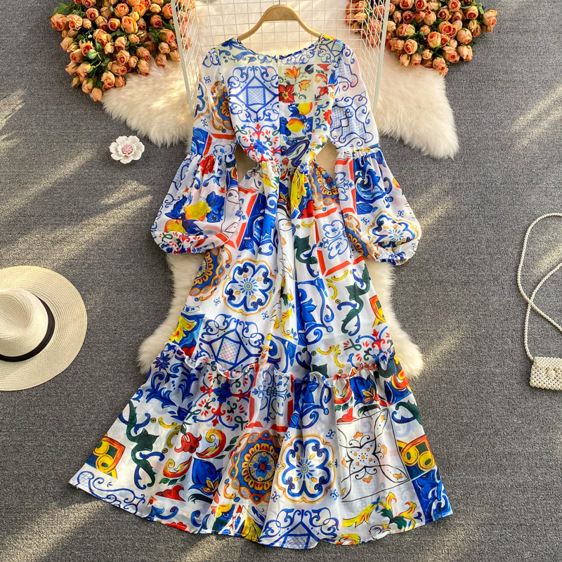 Blue and white porcelain printing gentle dress 3251