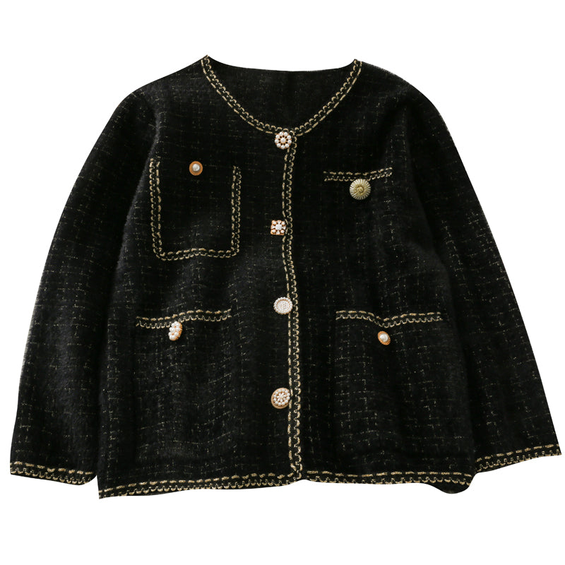 Bright silk Plaid round neck single breasted long sleeved sweater coat 1708