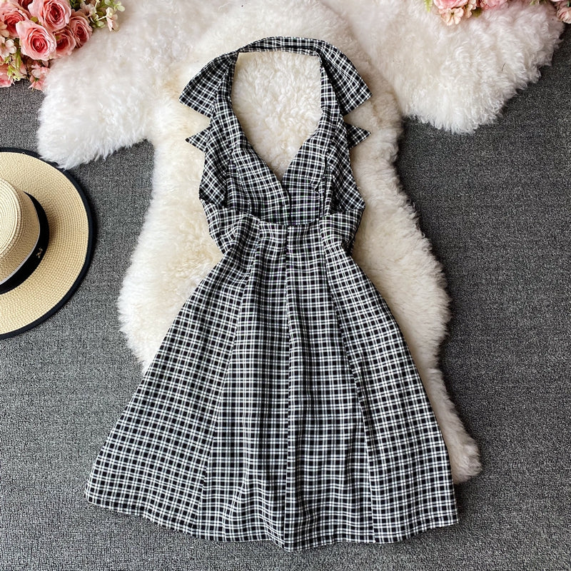 French retro waistband neckline Plaid Dress 2966