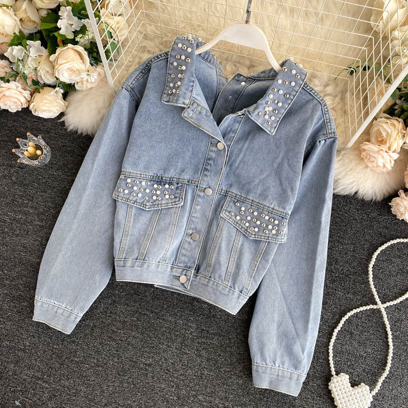 Denim coat women's heavy industry Beaded coat 1535