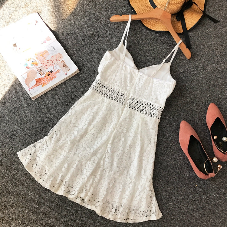 Korean solid lace suspender V-neck high waist slim cut waist closing dress 2812