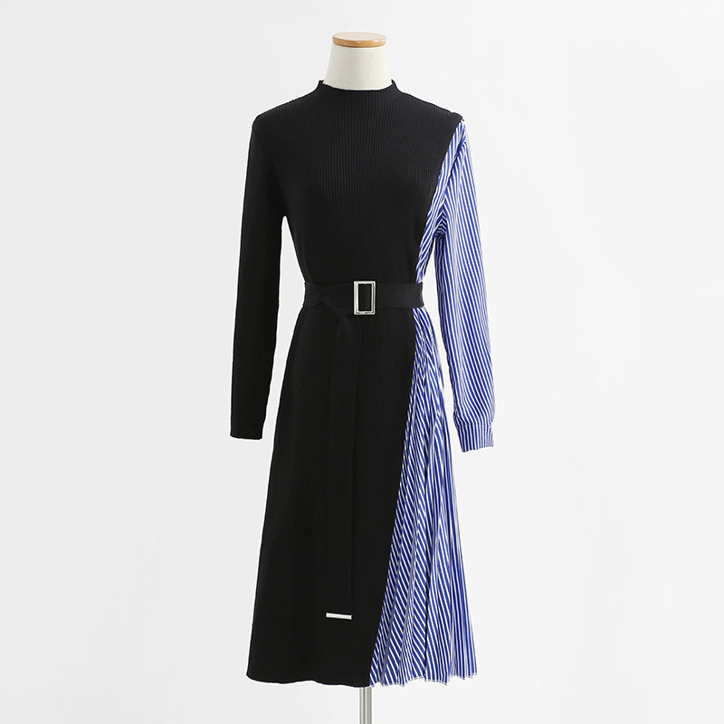 Pleated knitted dress small woman temperament thin medium long 2267