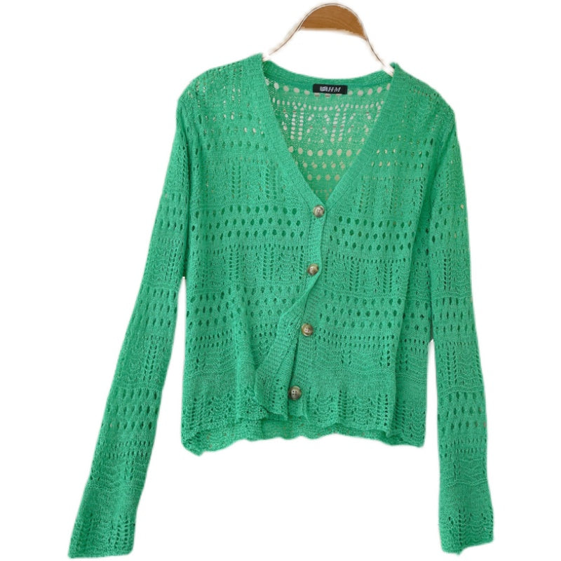 Gestrickte Strickjacke Vintage Crochet mit ausgeschnittenem Sonnenschutz Langarm 1586
