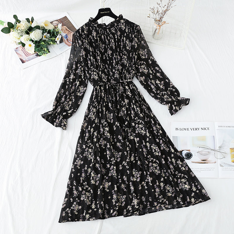 Dress women's French retro pleated waist slim dress 2167