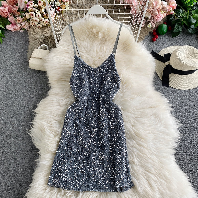 Sequin slim sexy hip strap dress 3140