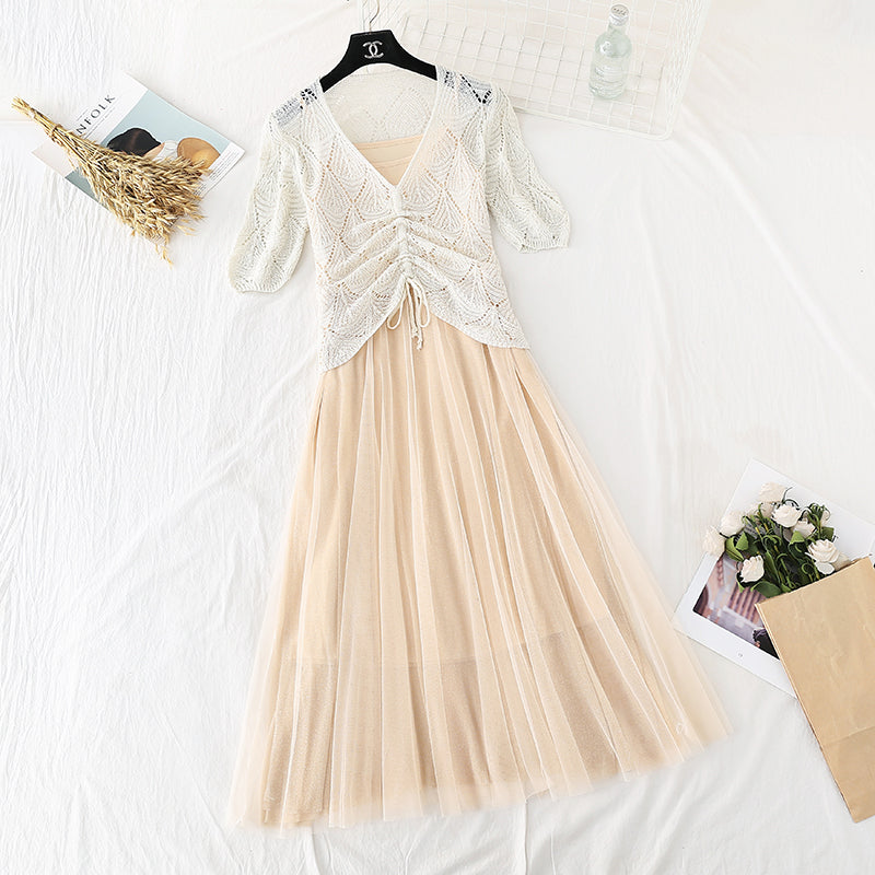 Two piece cut-out sweater suspender mesh skirt 2385