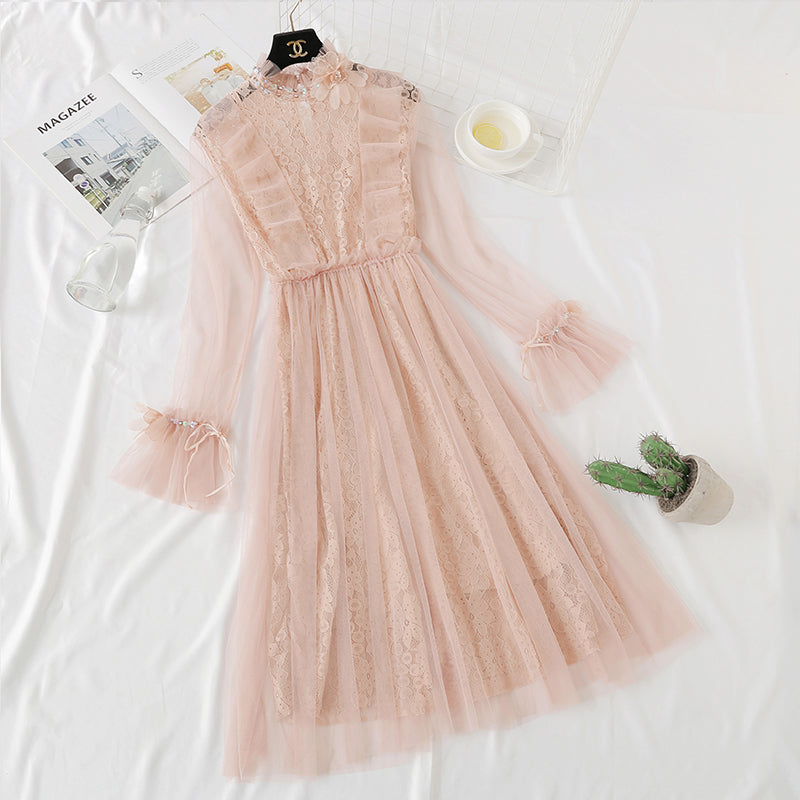 Heavy industry three-dimensional flower lace dress fairy mesh two-piece set 2466