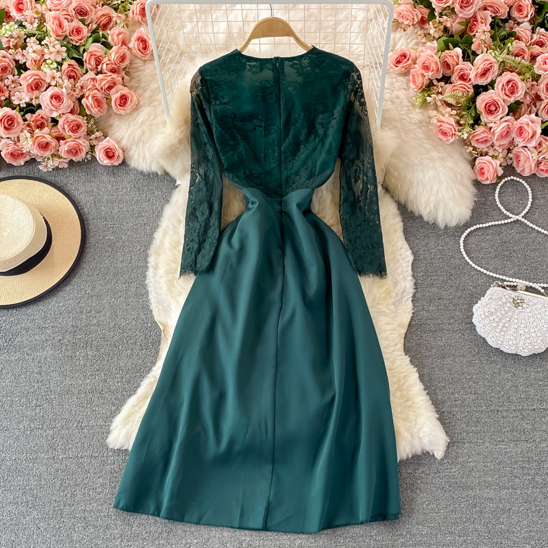 Lady temperament lace stitched Ruffle high waist dress 3096