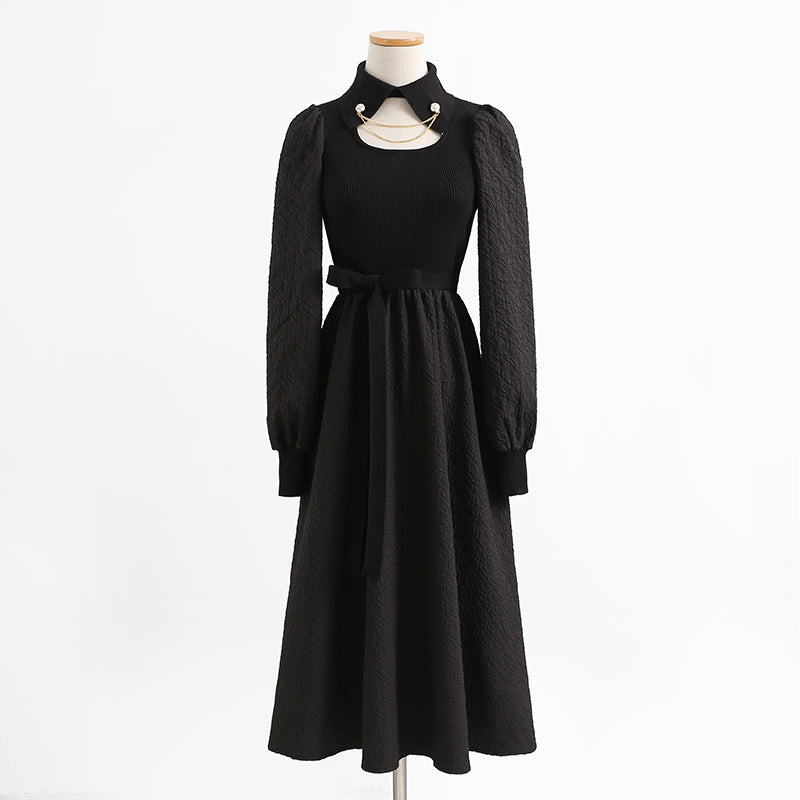 Knit stitched dress Vintage Chain Collar skinny over knee black dress 2344