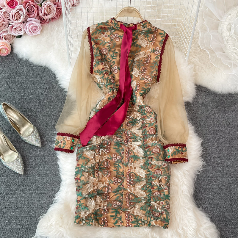 Stand collar mesh embroidery waist bag hip dress 3328