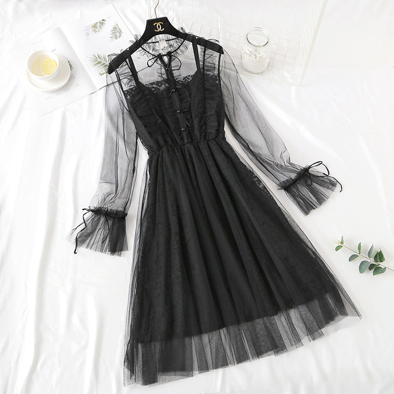 Bottom lace dress autumn and Winter Fairy mesh sling two-piece set 2462
