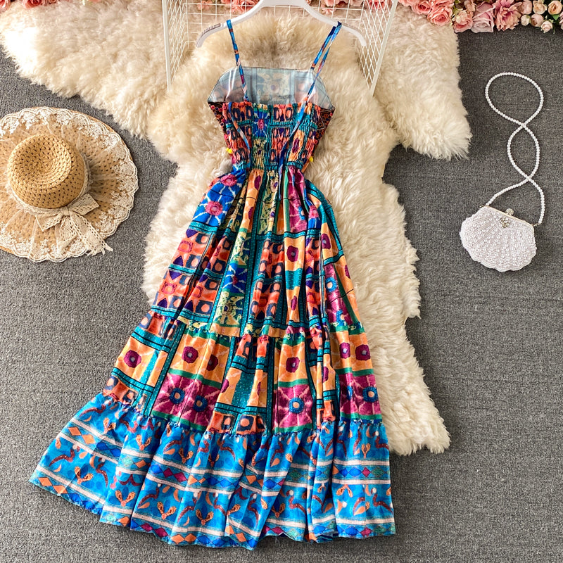 Printed ethnic embroidery suspender dress 3439