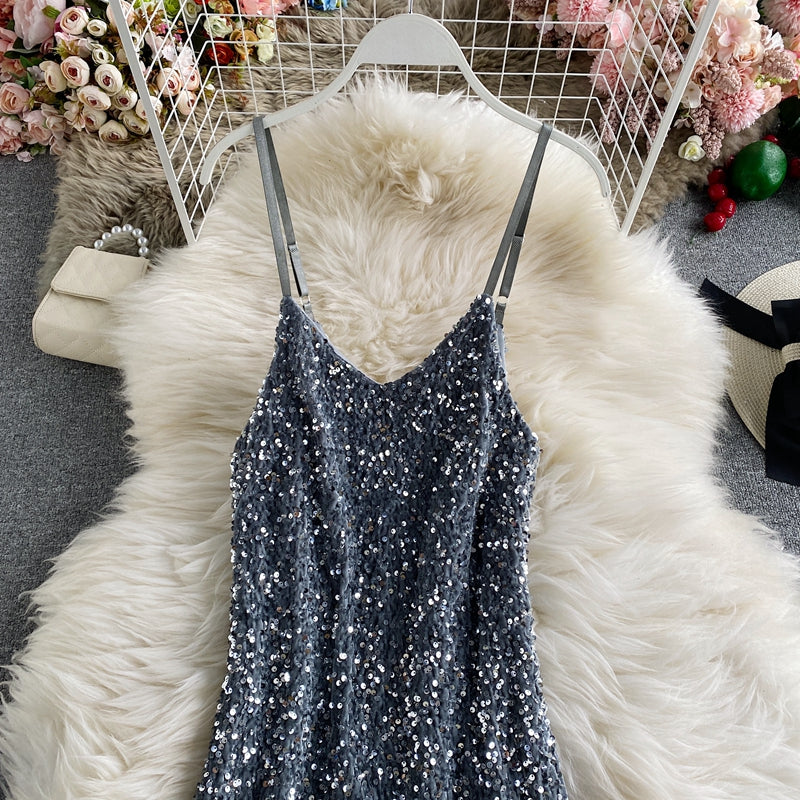 Sequin slim sexy hip strap dress 2849