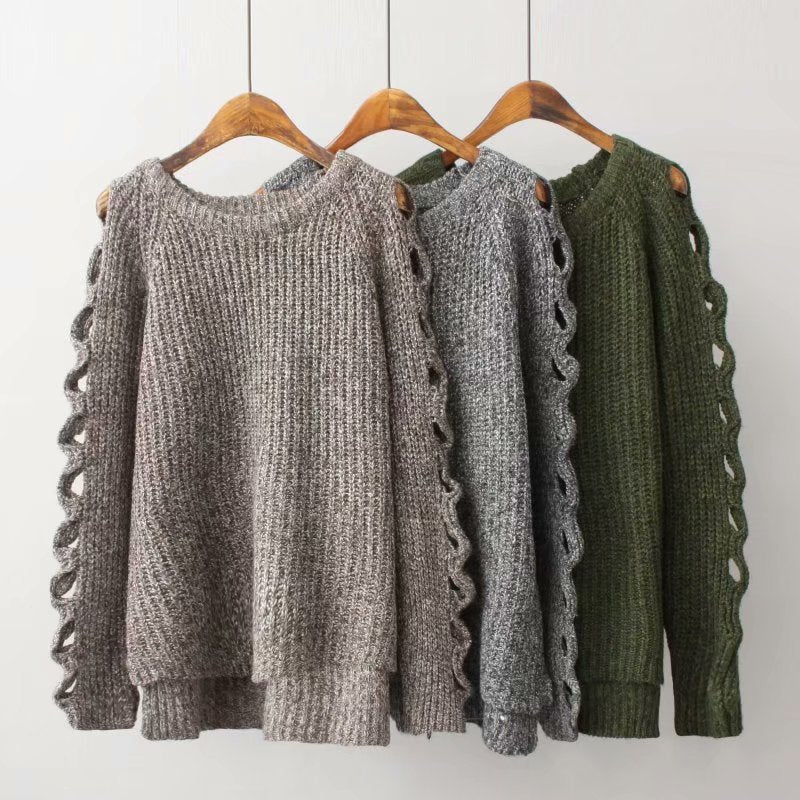New autumn and winter pullover hollow out solid color thickened loose sweater and sweater 1373