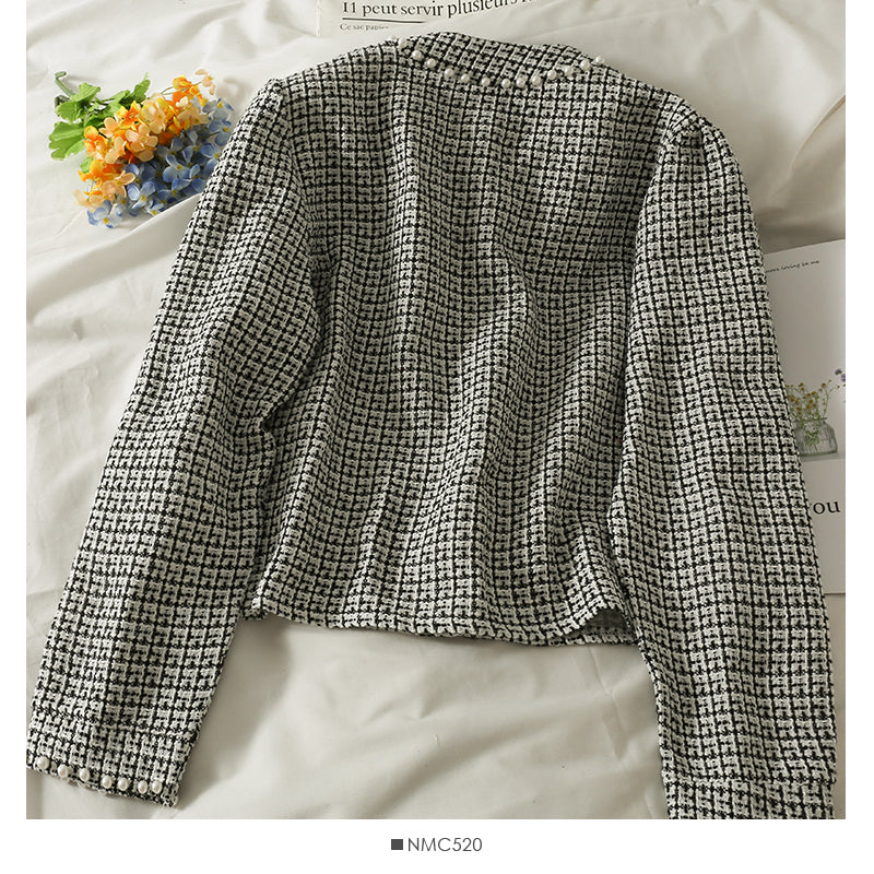 Petit cardigan court en tweed à simple boutonnage petit manteau 2092