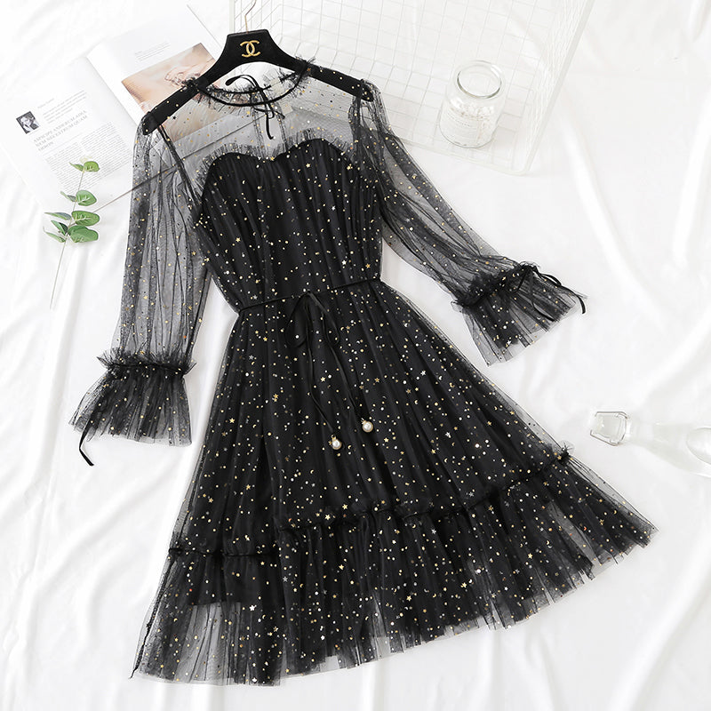 Sequin lace mesh dress women's autumn and winter loose bottomed doll dress 2173