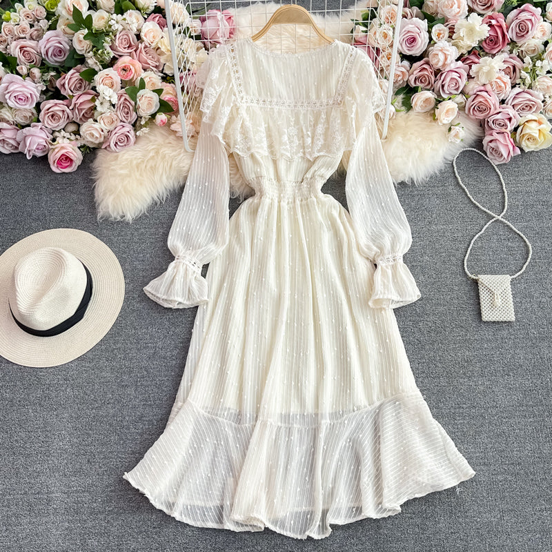 French lace V-neck dress Ruffle temperament large swing skirt 3111
