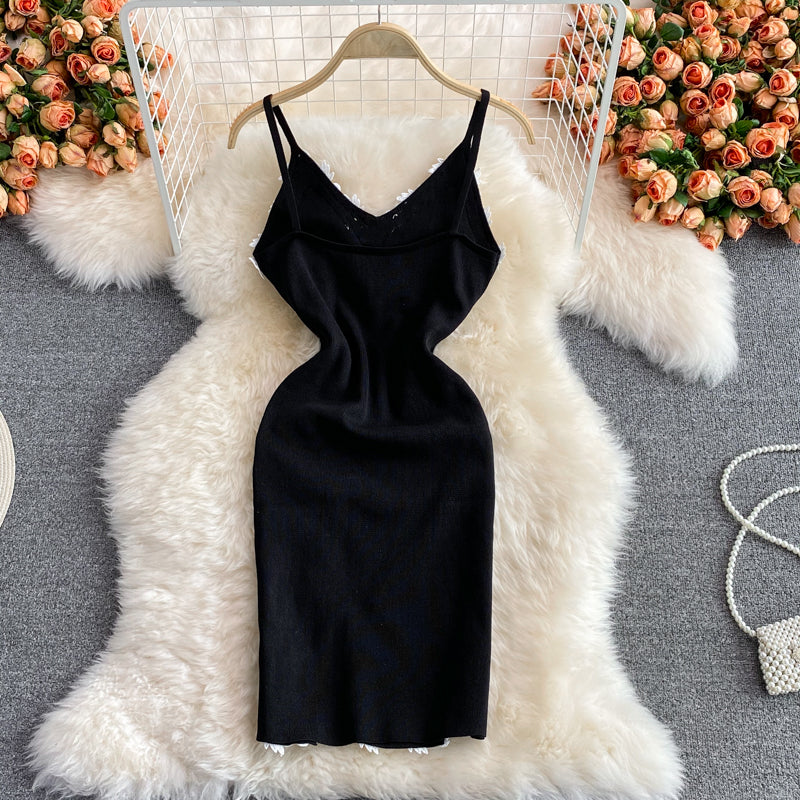 French retro Flower Embroidered backless knitted buttock dress 2782