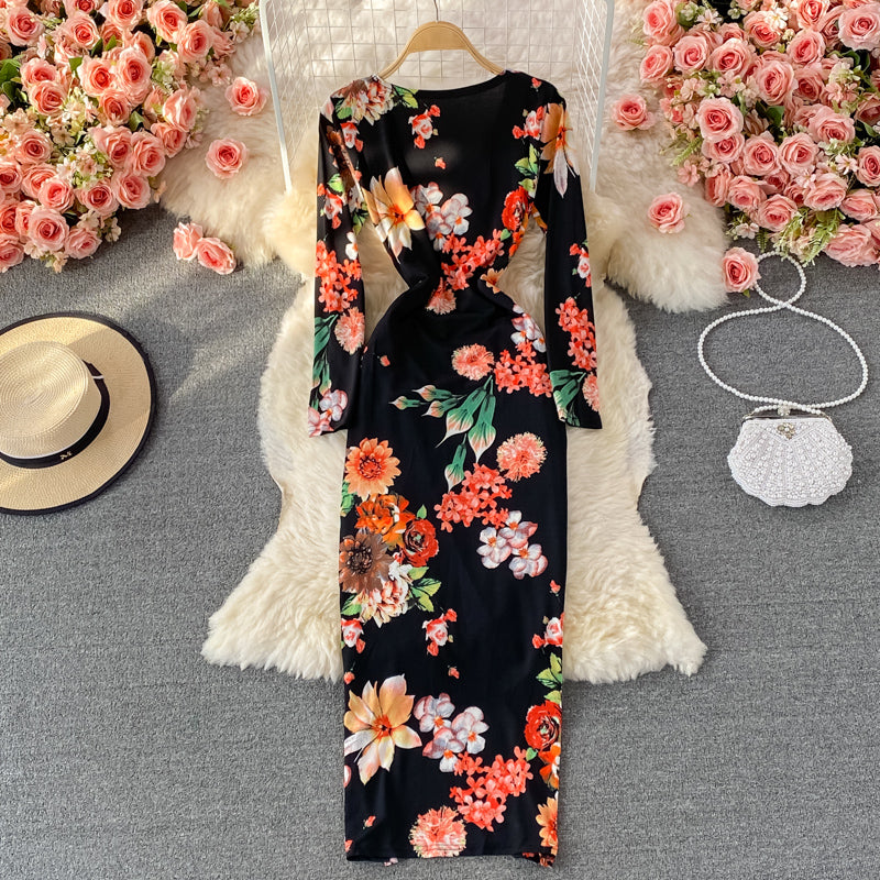 Temperament sexy split slim print V-neck wrap hip dress 2910