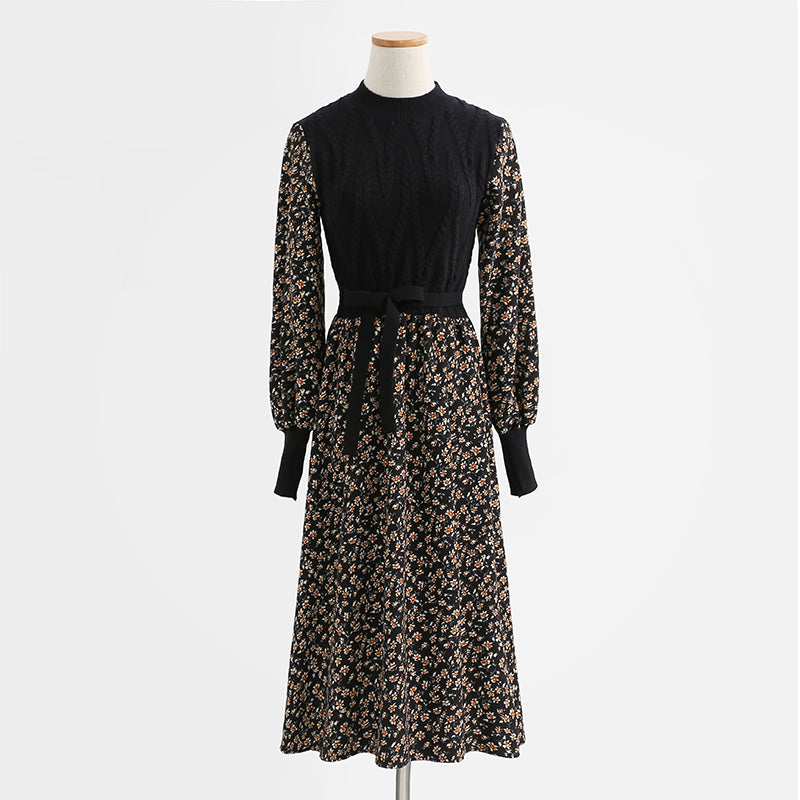 Floral dress lace up stitched corduroy bottomed skirt thin knit long skirt 2339