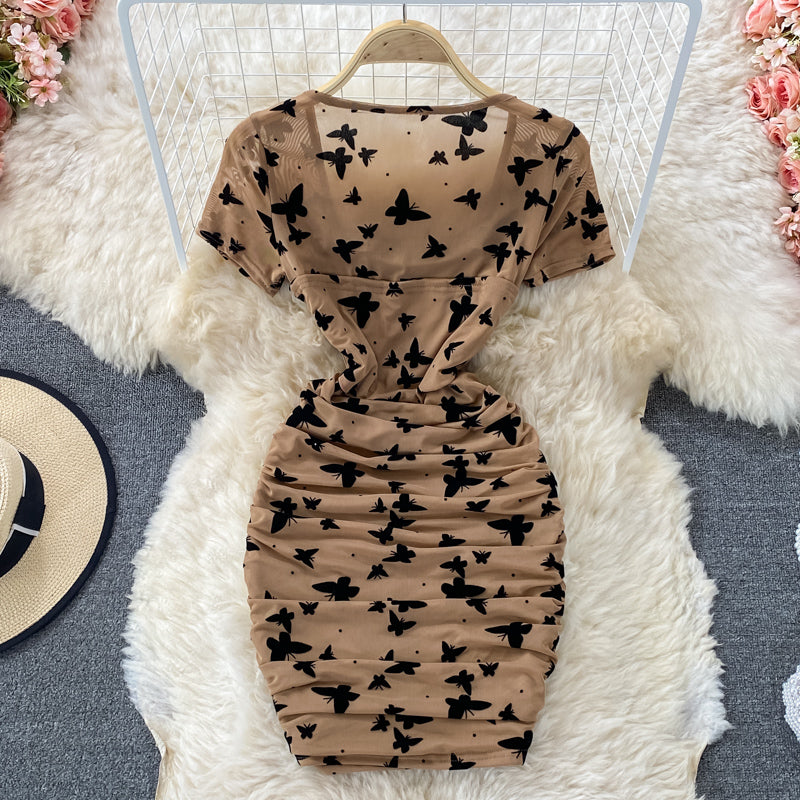 Clavicle pleated slim fit butterfly printed mesh small man Hip Wrap Dress 2773