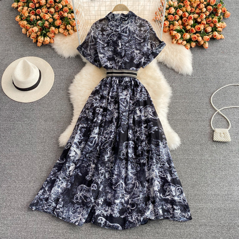 Knee length Vintage Printed Dress with waist cut and long skirt 3223