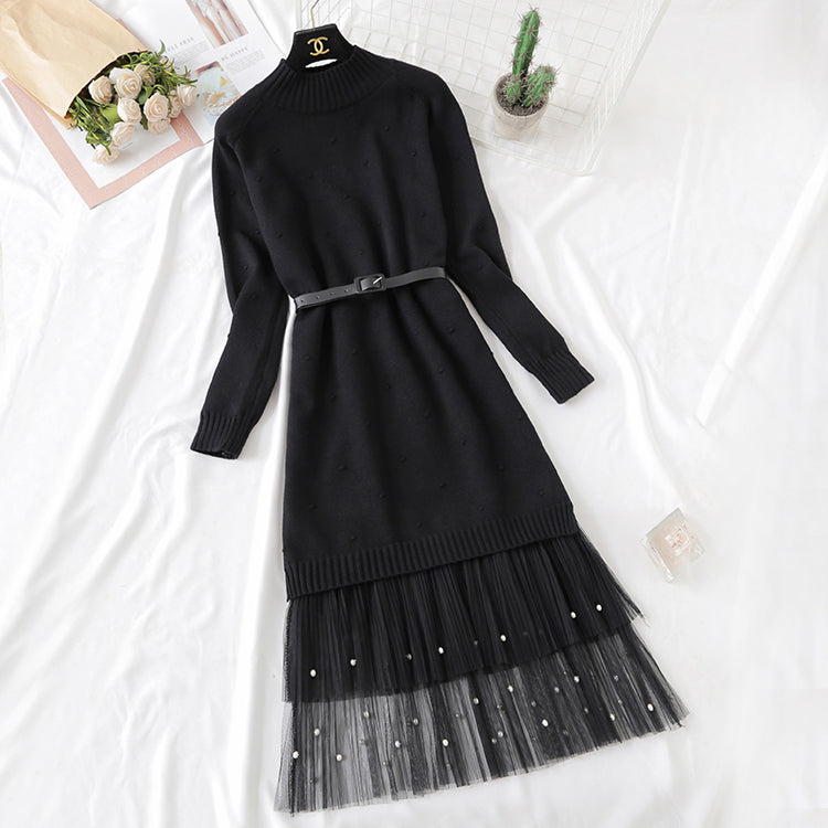 Long sweater skirt over knee net red yarn skirt two-piece suit 2142