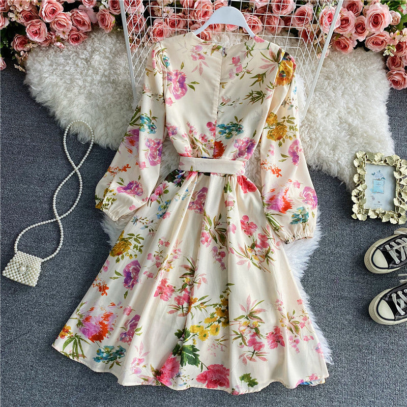 French first love skirt fairy skirt sweet printed bubble sleeve 3166