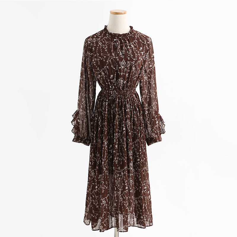 Chiffon pleated skirt, fungus floral dress, slim dress, lady dress 2432