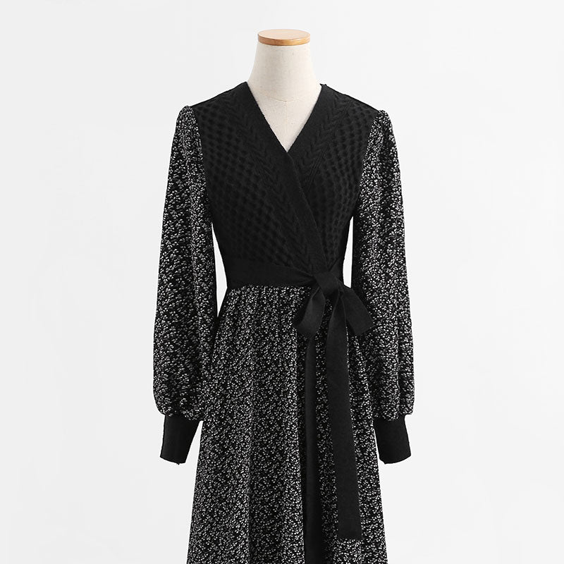 Long sleeved floral wool dress, thin and bottomed skirt 2215